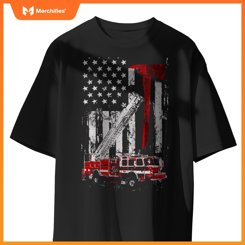 Fire engine truck axe  thin red line firetruck T-shirt