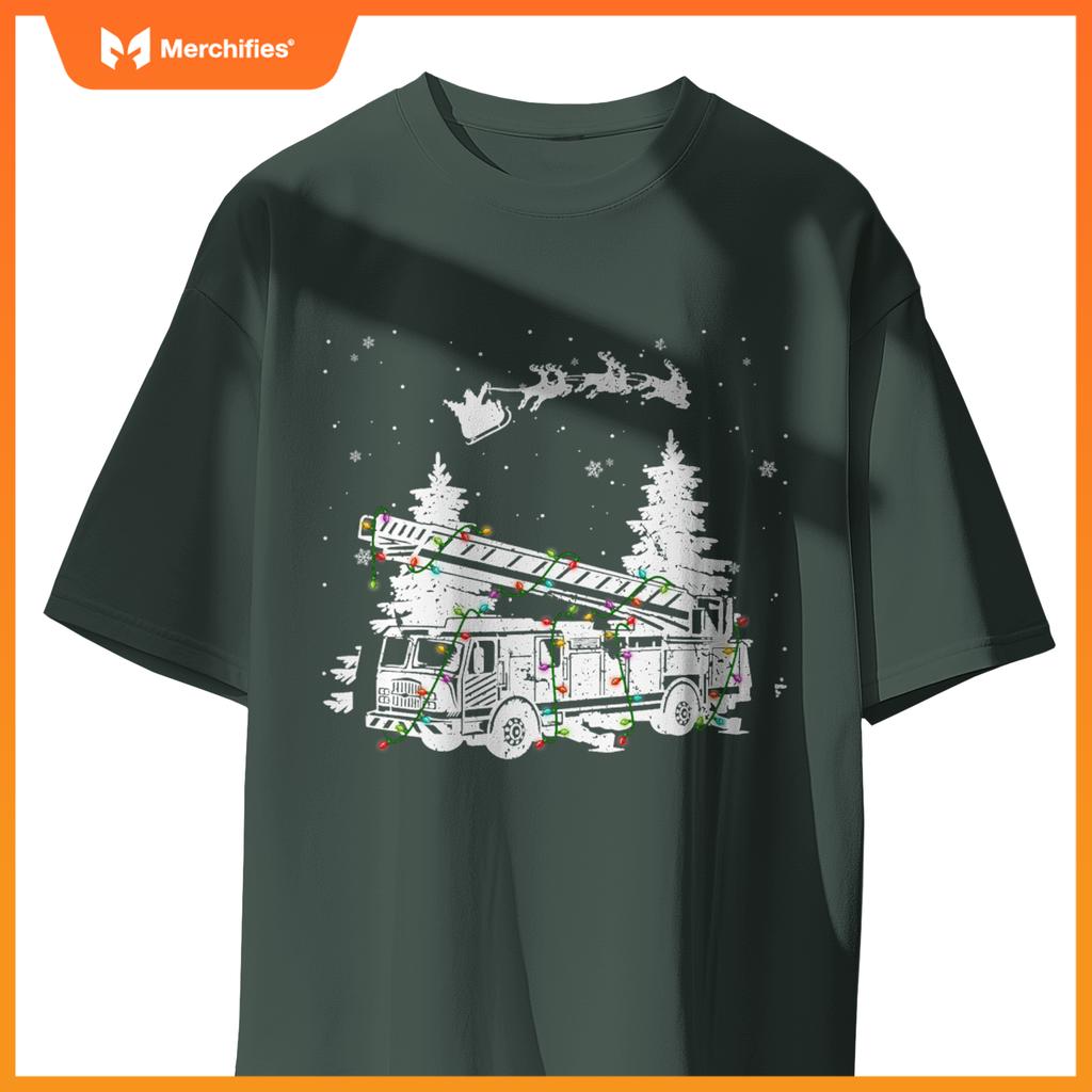 Fire Truck & Christmas Lights Firefighter Xmas Pajamas T-Shirt