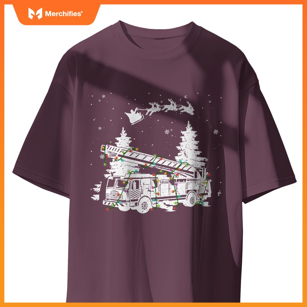 Fire Truck & Christmas Lights Firefighter Xmas Pajamas T-Shirt