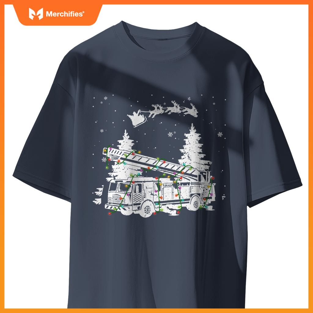 Fire truck & christmas lights firefighter xmas pajamas T-shirt