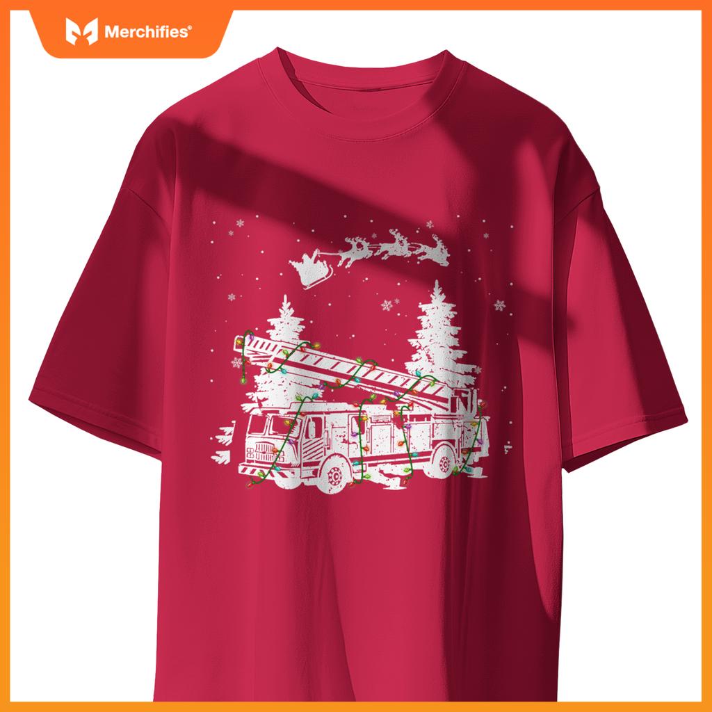 Fire Truck & Christmas Lights Firefighter Xmas Pajamas T-Shirt