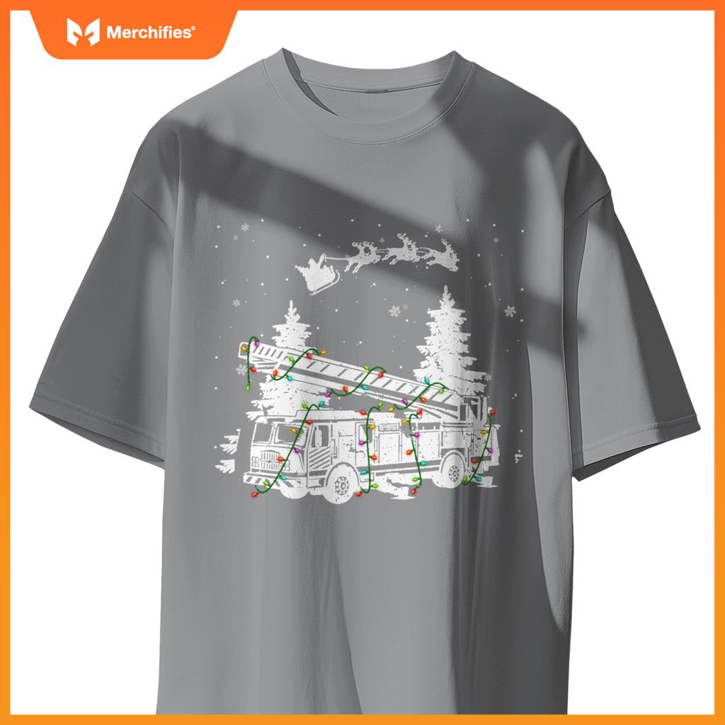 Fire truck & christmas lights firefighter xmas pajamas T-shirt