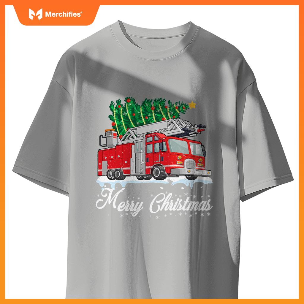 Fire truck christmas tree boy toddler kids firefighter xmas T-shirt