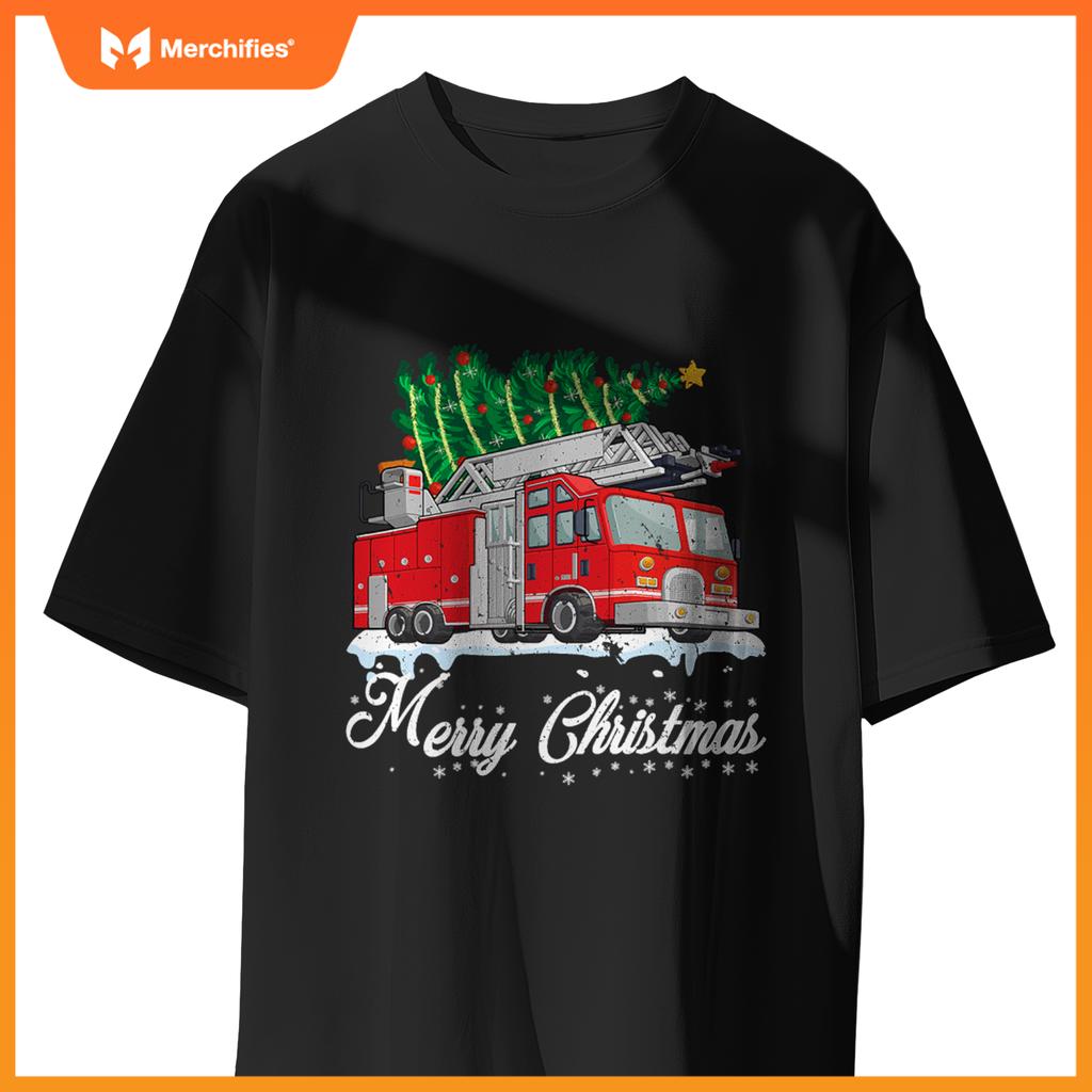 Fire Truck Christmas Tree Boy Toddler Kids Firefighter Xmas T-Shirt