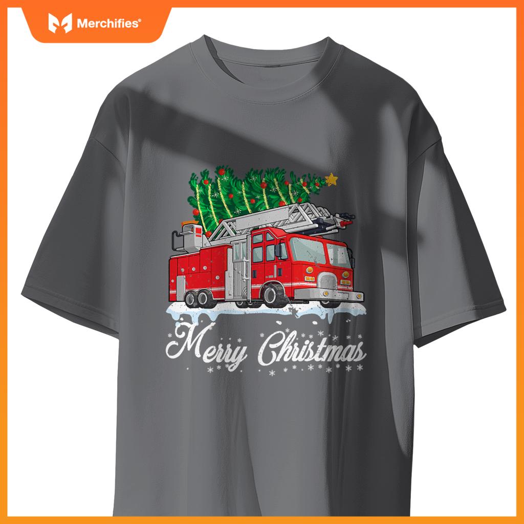 Fire truck christmas tree boy toddler kids firefighter xmas T-shirt