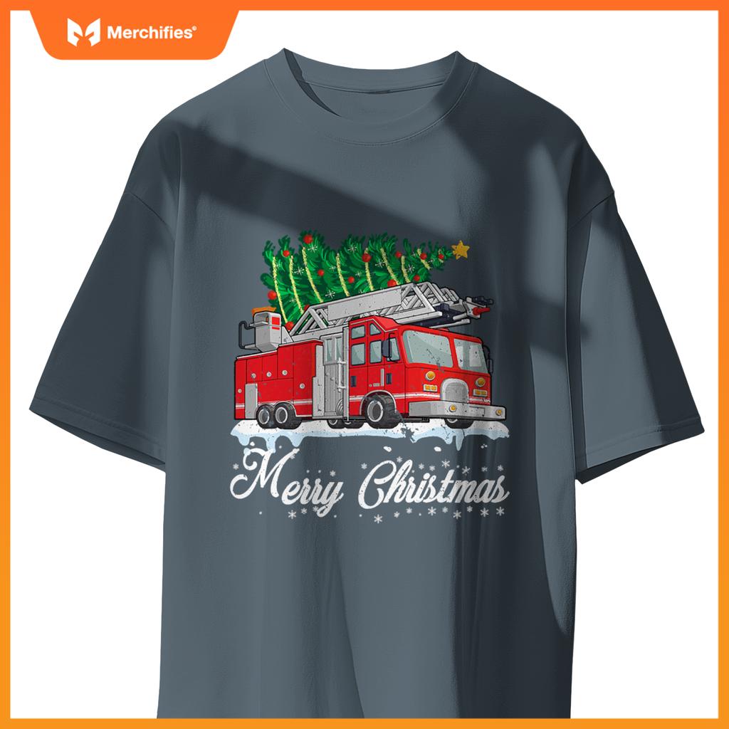 Fire truck christmas tree boy toddler kids firefighter xmas T-shirt