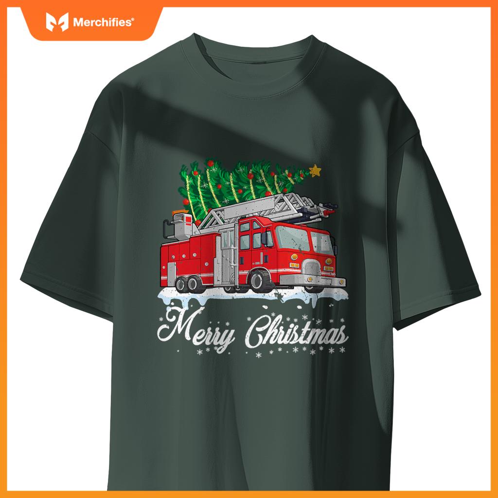 Fire Truck Christmas Tree Boy Toddler Kids Firefighter Xmas T-Shirt