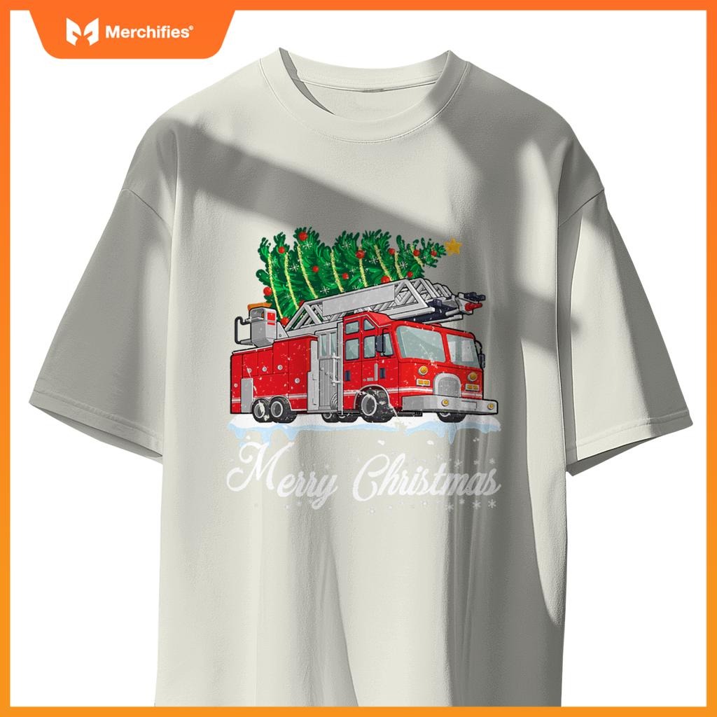 Fire truck christmas tree boy toddler kids firefighter xmas T-shirt