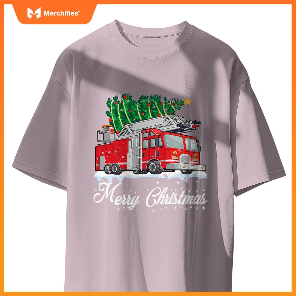 Fire truck christmas tree boy toddler kids firefighter xmas T-shirt