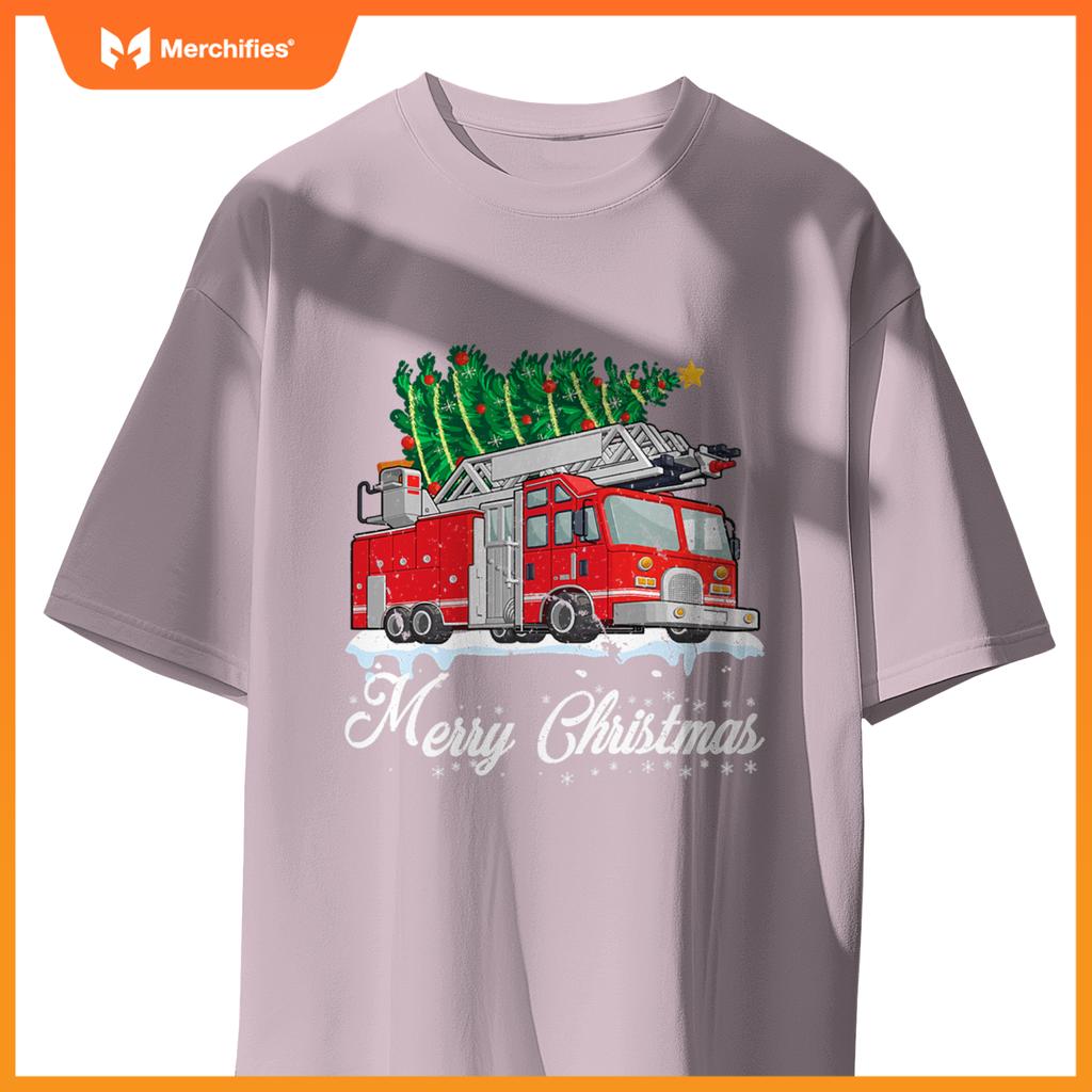 Fire Truck Christmas Tree Boy Toddler Kids Firefighter Xmas T-Shirt