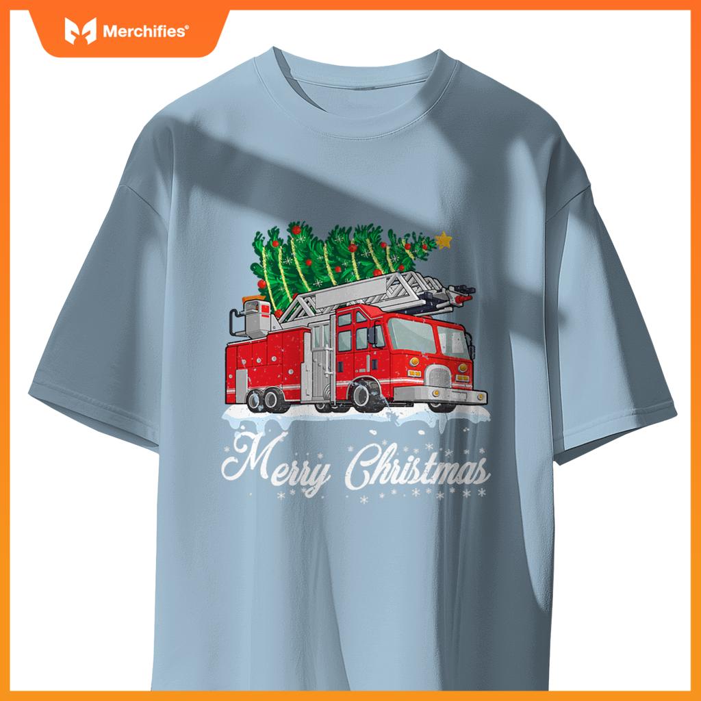 Fire truck christmas tree boy toddler kids firefighter xmas T-shirt