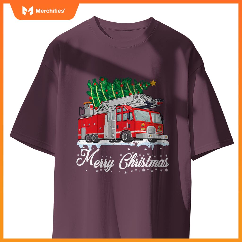 Fire truck christmas tree boy toddler kids firefighter xmas T-shirt