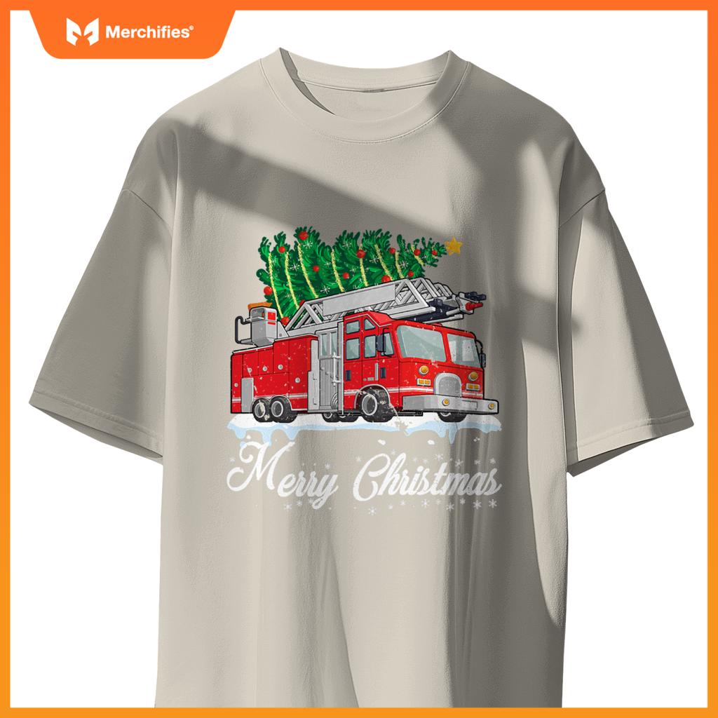 Fire Truck Christmas Tree Boy Toddler Kids Firefighter Xmas T-Shirt