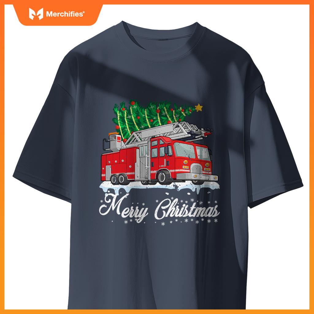 Fire Truck Christmas Tree Boy Toddler Kids Firefighter Xmas T-Shirt