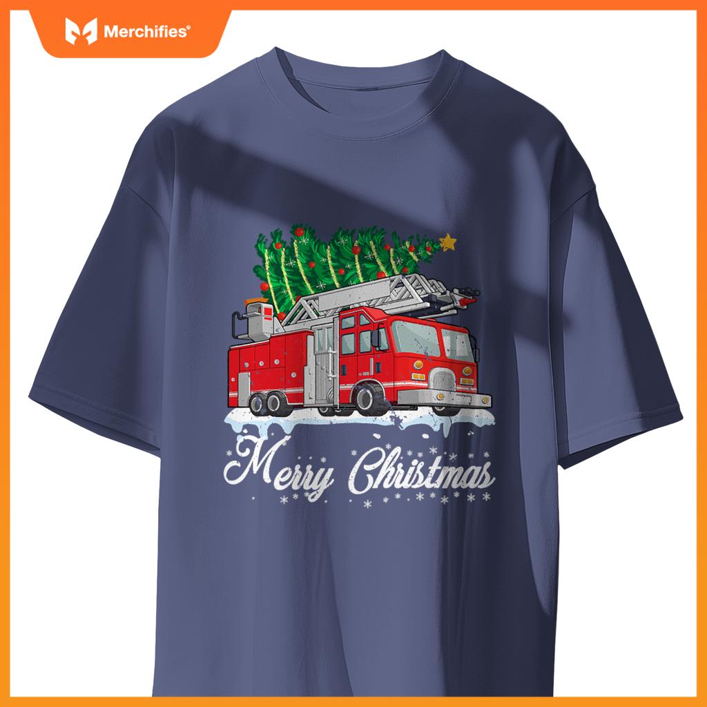 Fire Truck Christmas Tree Boy Toddler Kids Firefighter Xmas T-Shirt