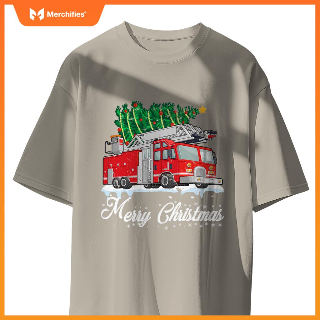 Fire Truck Christmas Tree Boy Toddler Kids Firefighter Xmas T-Shirt