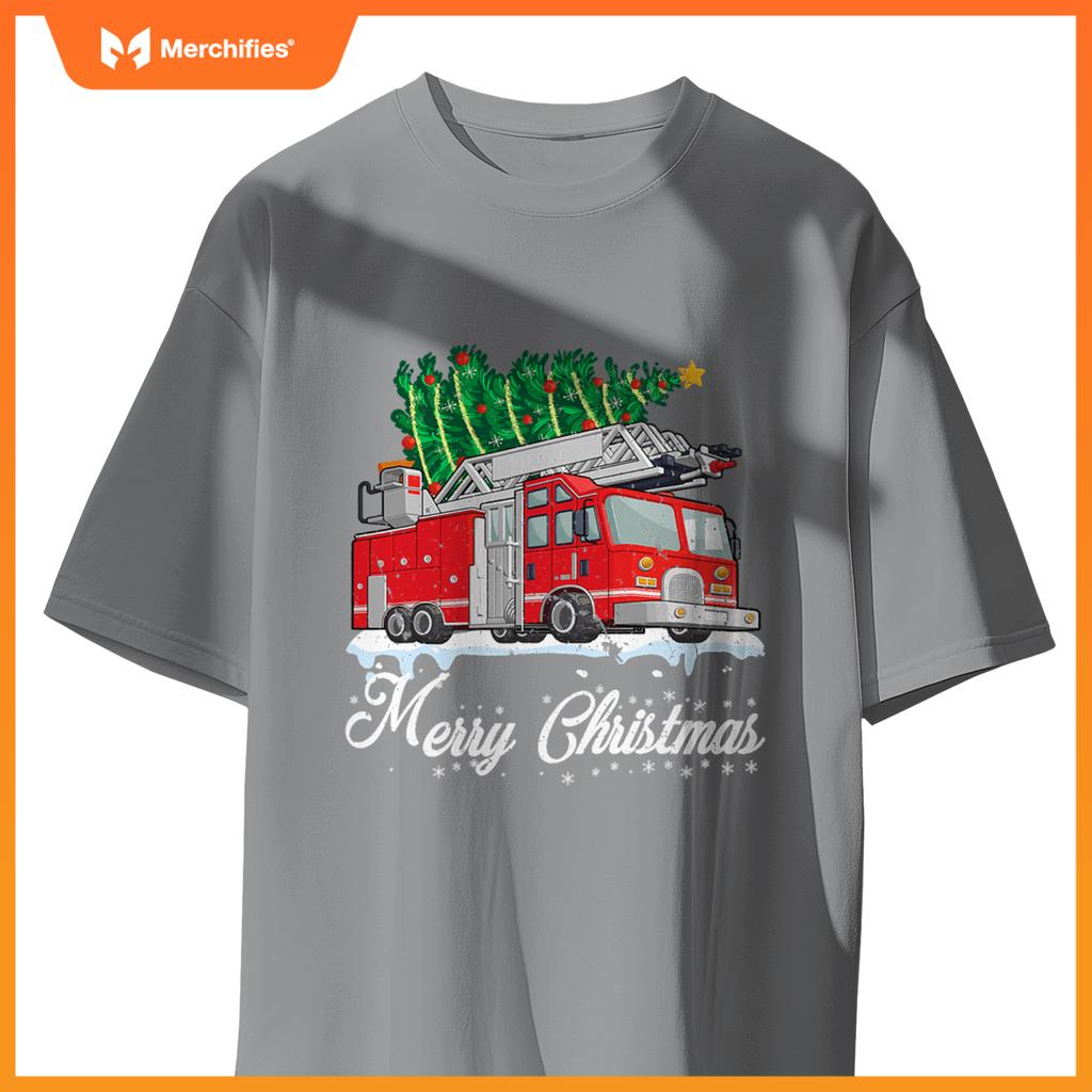 Fire truck christmas tree boy toddler kids firefighter xmas T-shirt