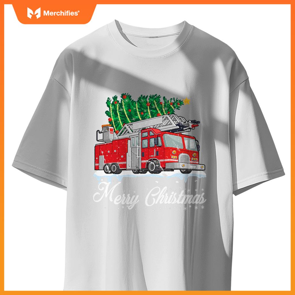 Fire Truck Christmas Tree Boy Toddler Kids Firefighter Xmas T-Shirt