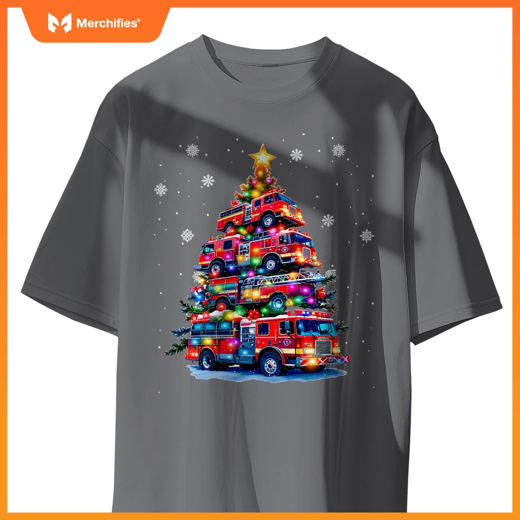 Fire truck christmas tree lights firefighter holiday T-shirt