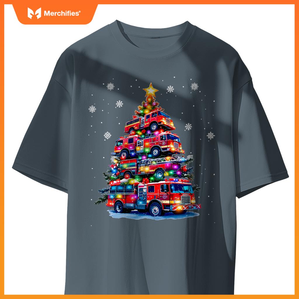 Fire truck christmas tree lights firefighter holiday T-shirt