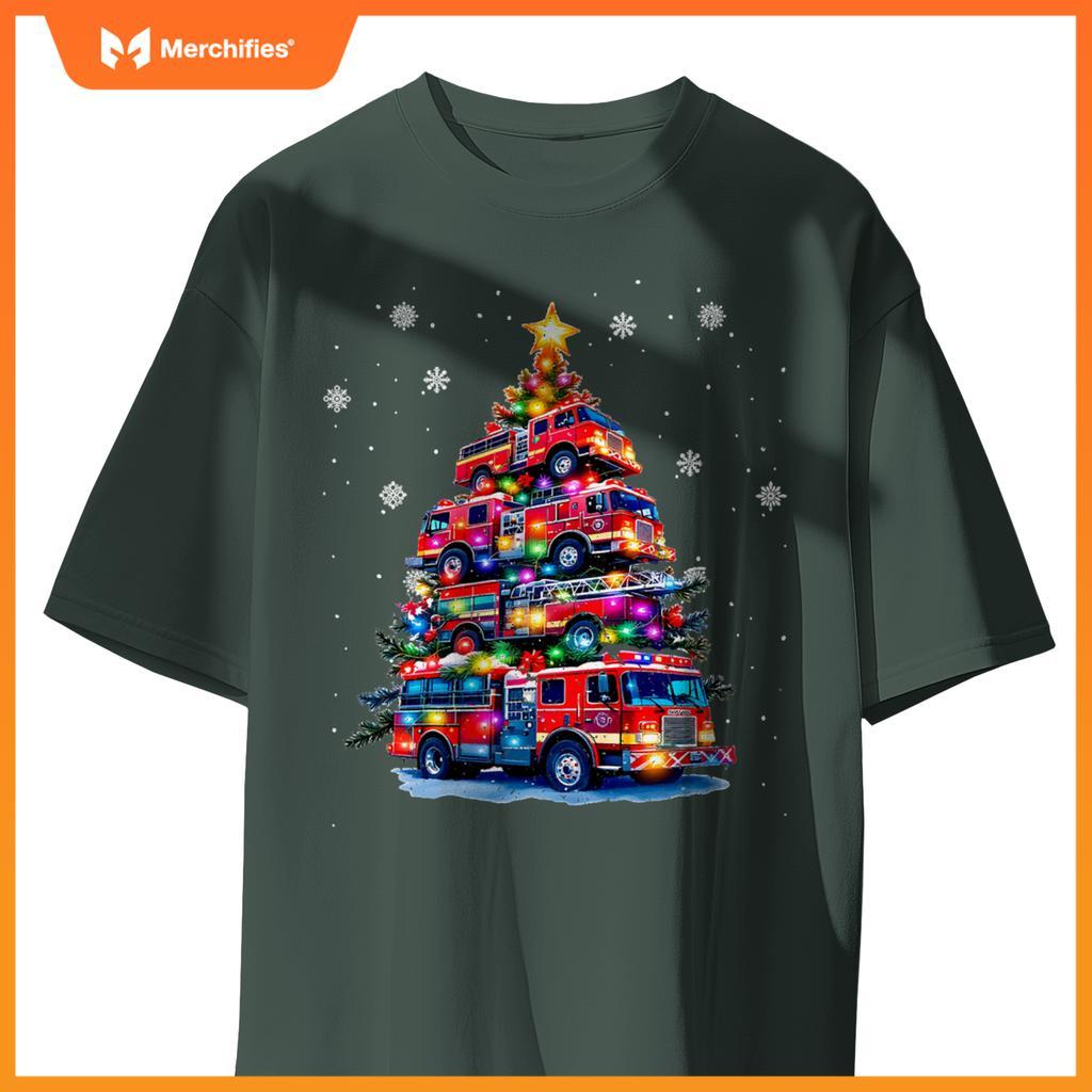 Fire truck christmas tree lights firefighter holiday T-shirt