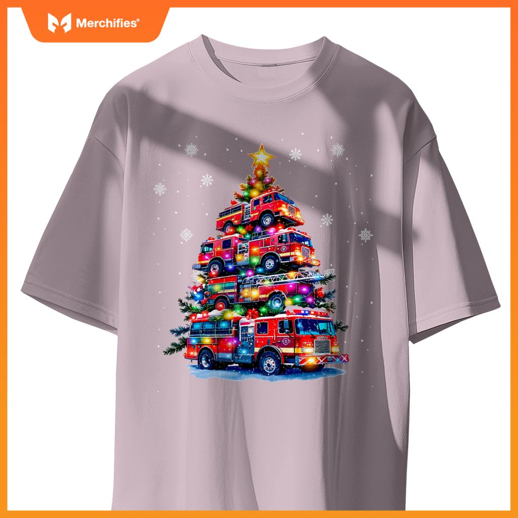 Fire truck christmas tree lights firefighter holiday T-shirt