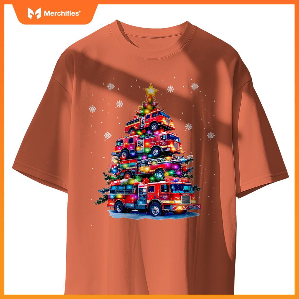 Fire truck christmas tree lights firefighter holiday T-shirt