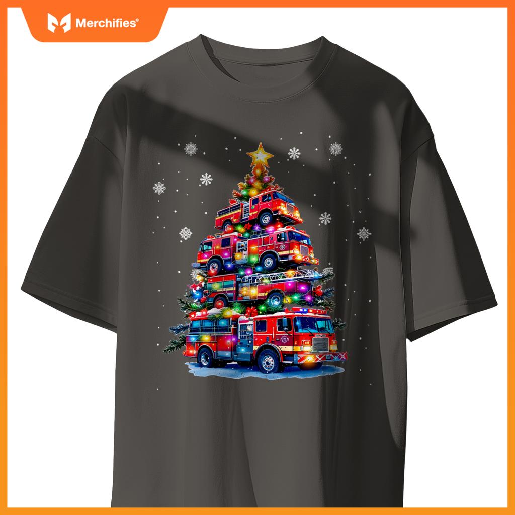 Fire truck christmas tree lights firefighter holiday T-shirt