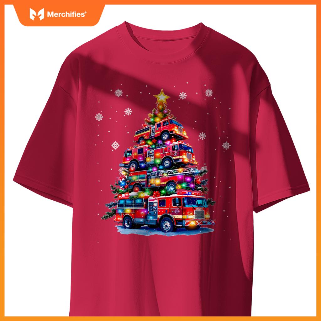 Fire truck christmas tree lights firefighter holiday T-shirt