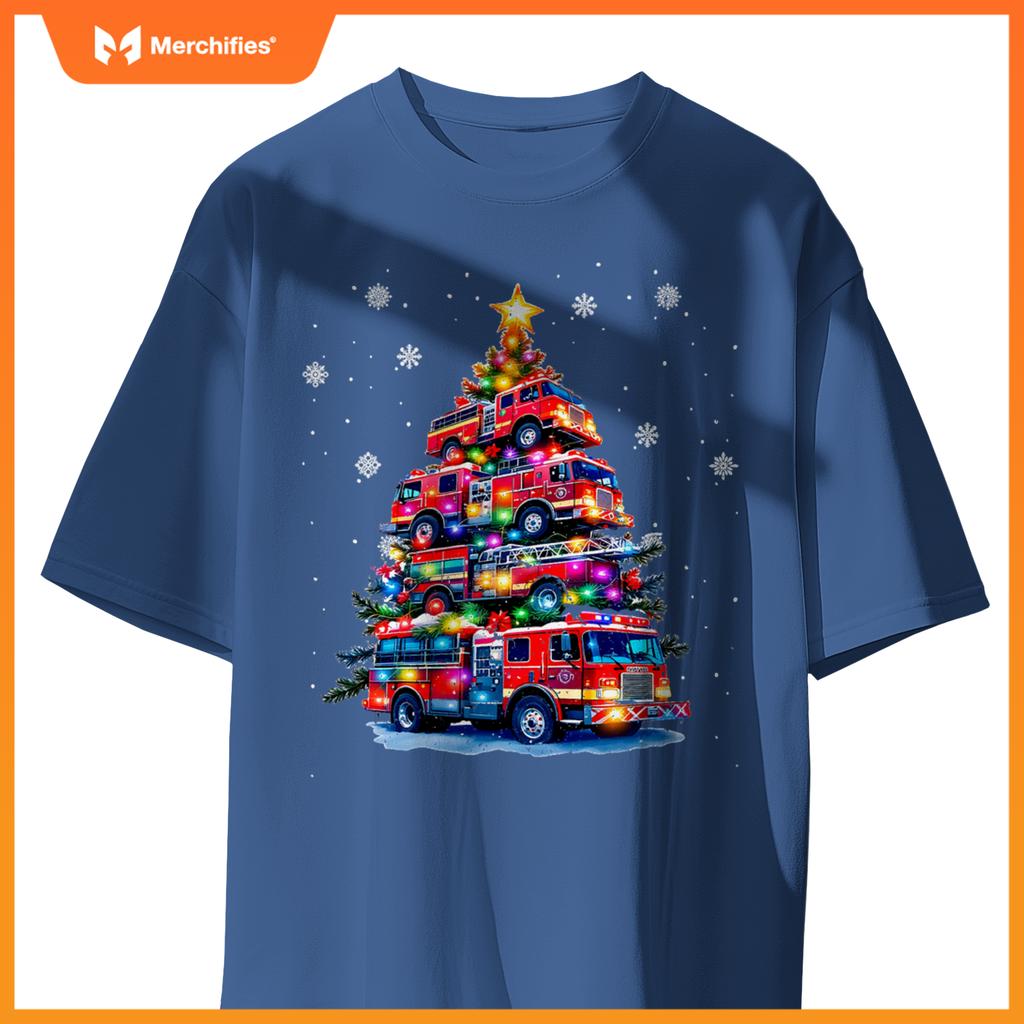 Fire truck christmas tree lights firefighter holiday T-shirt