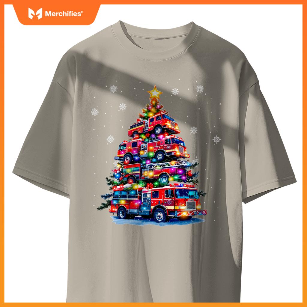 Fire truck christmas tree lights firefighter holiday T-shirt