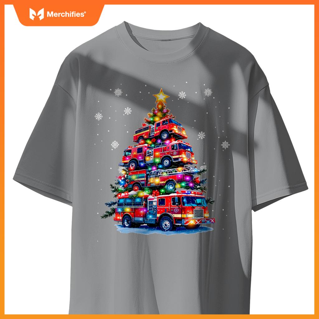 Fire truck christmas tree lights firefighter holiday T-shirt