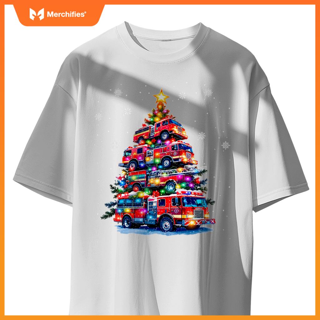 Fire Truck Christmas Tree Lights Firefighter Holiday T-Shirt