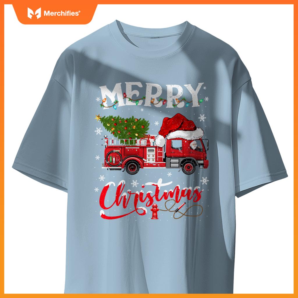 Fire Truck Xmas Tree Fireman Firefighter Merry Christmas T-Shirt