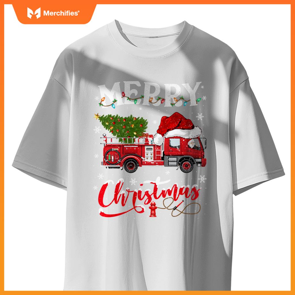 Fire truck xmas tree fireman firefighter merry christmas pullover T-shirt