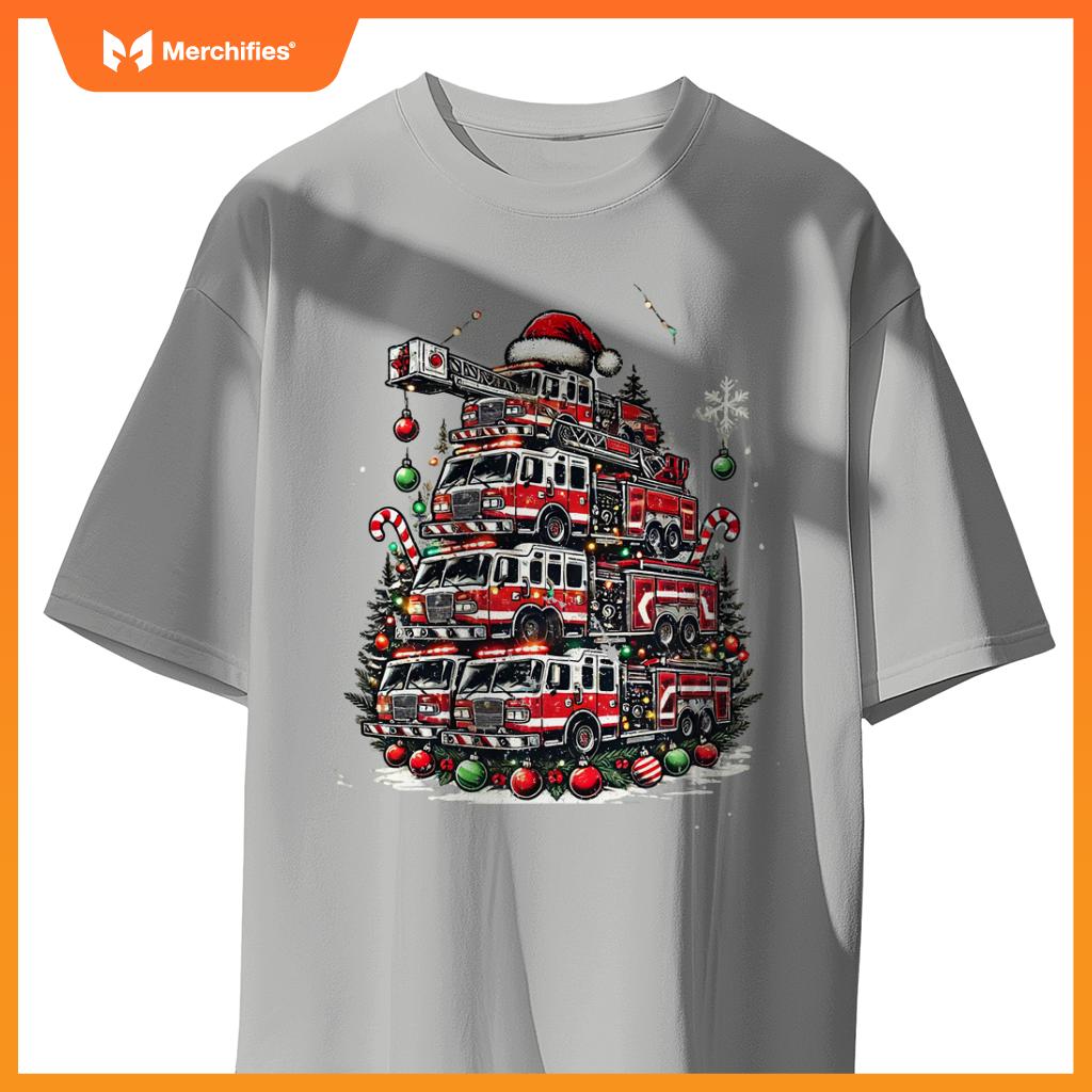 Firefighter Fire Truck Christmas Tree Lights Santa Fireman T-Shirt
