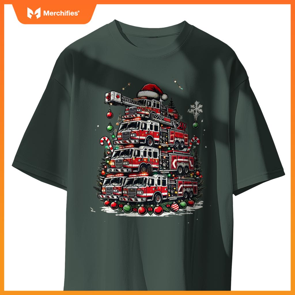 Firefighter Fire Truck Christmas Tree Lights Santa Fireman T-Shirt