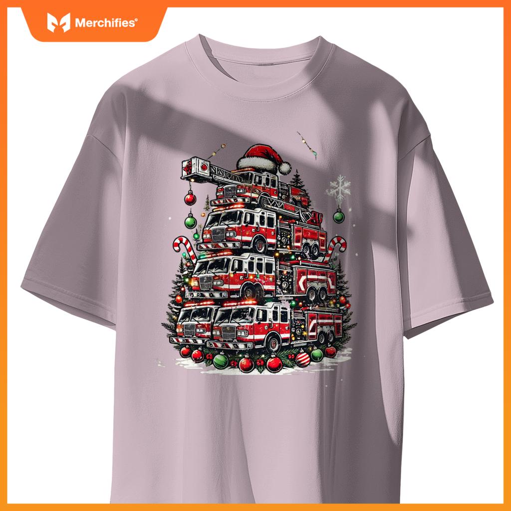 Firefighter Fire Truck Christmas Tree Lights Santa Fireman T-Shirt