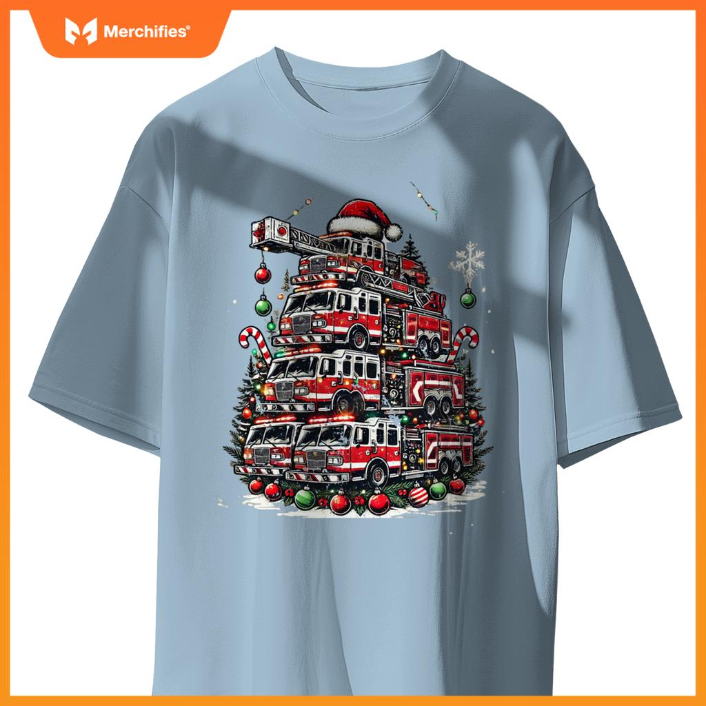 Firefighter Fire Truck Christmas Tree Lights Santa Fireman T-Shirt