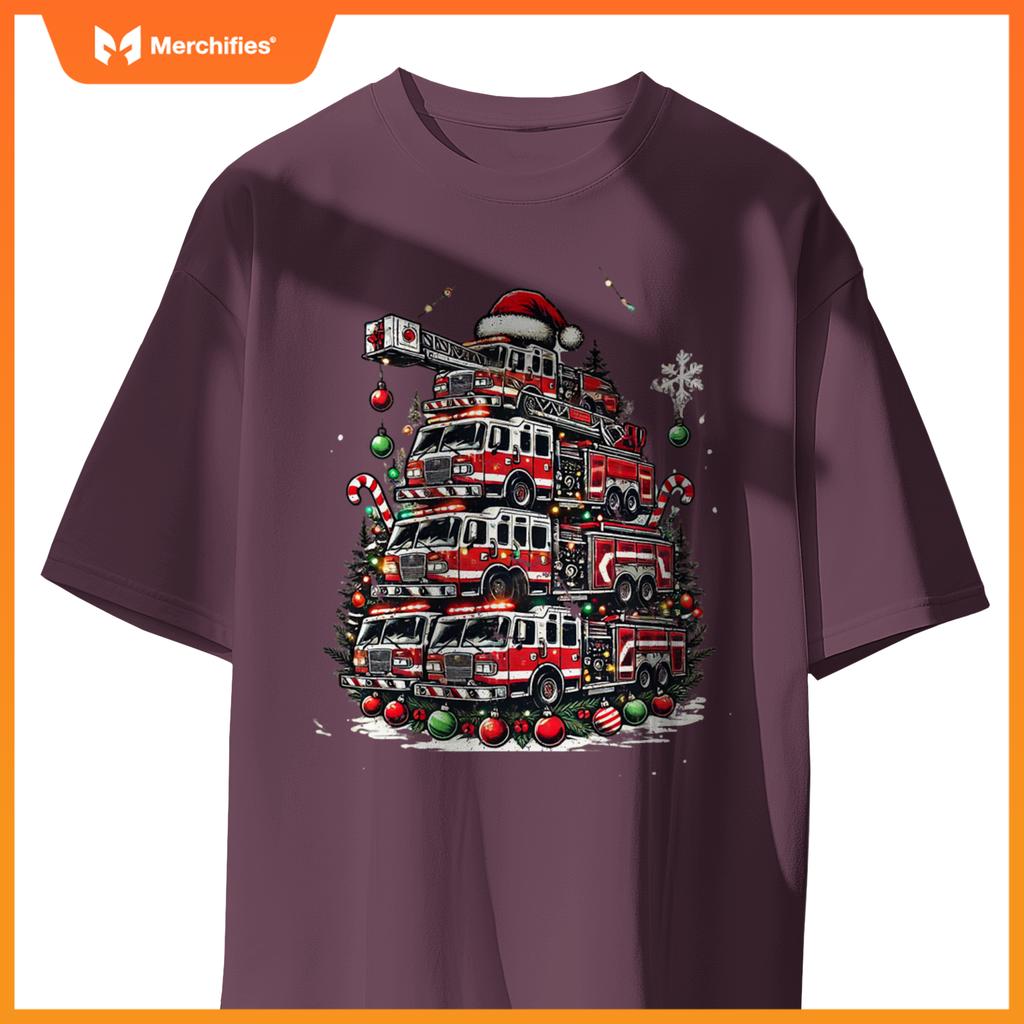 Firefighter Fire Truck Christmas Tree Lights Santa Fireman T-Shirt
