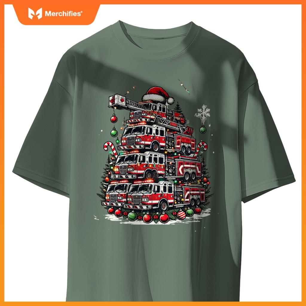 Firefighter Fire Truck Christmas Tree Lights Santa Fireman T-Shirt