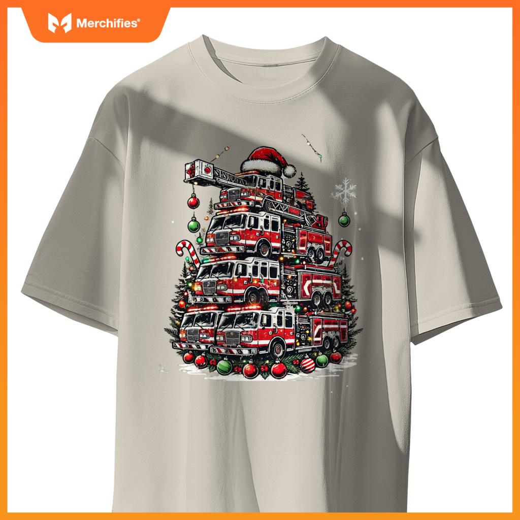 Firefighter Fire Truck Christmas Tree Lights Santa Fireman T-Shirt