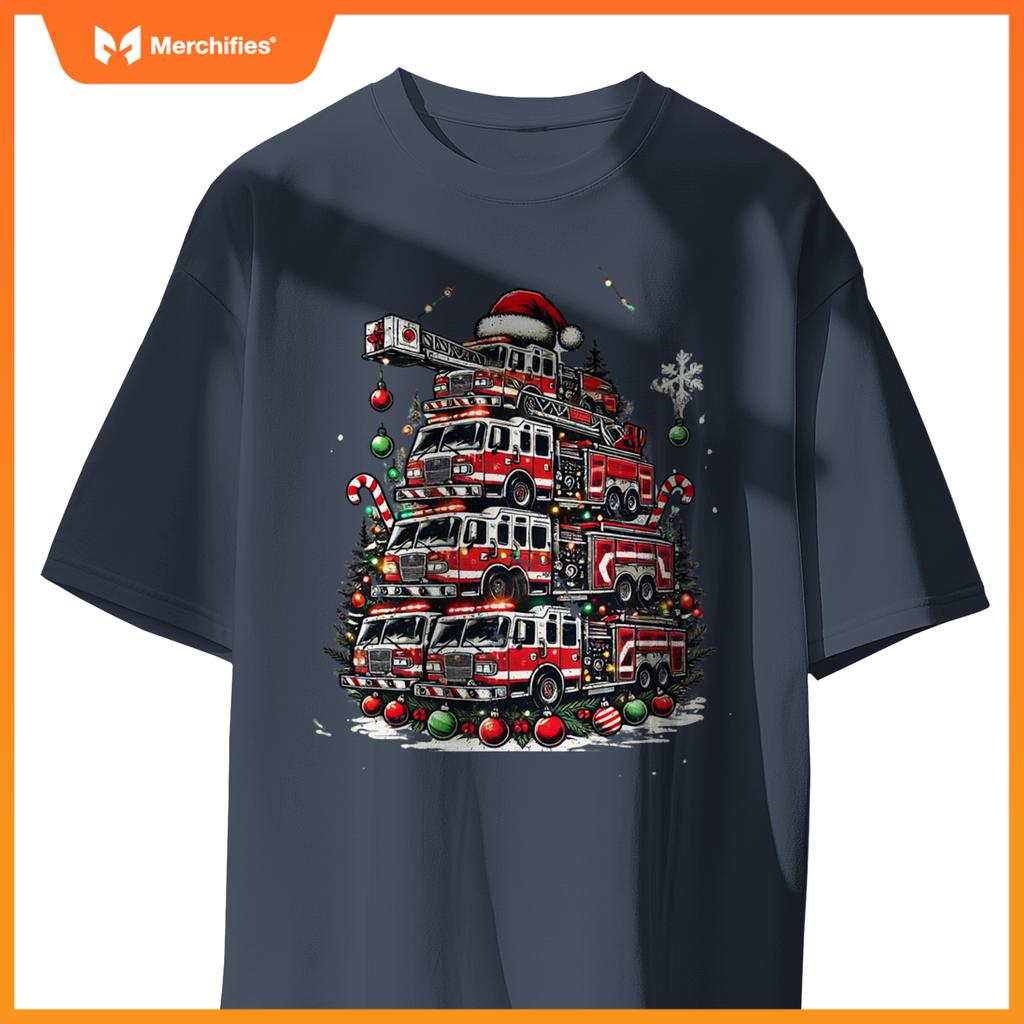 Firefighter Fire Truck Christmas Tree Lights Santa Fireman T-Shirt