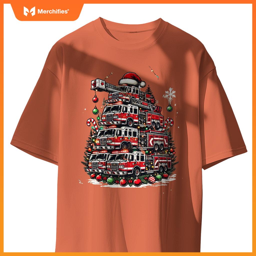 Firefighter Fire Truck Christmas Tree Lights Santa Fireman T-Shirt