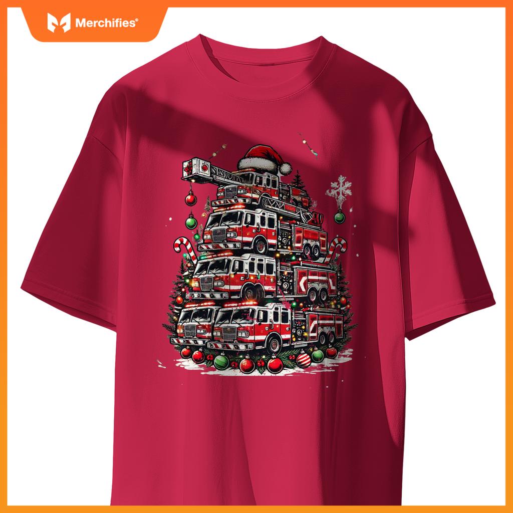 Firefighter Fire Truck Christmas Tree Lights Santa Fireman T-Shirt