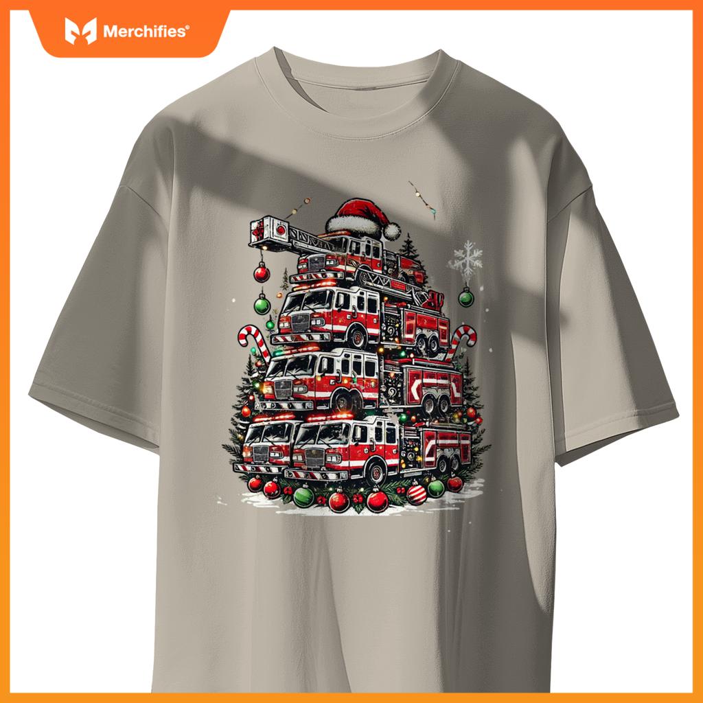 Firefighter Fire Truck Christmas Tree Lights Santa Fireman T-Shirt