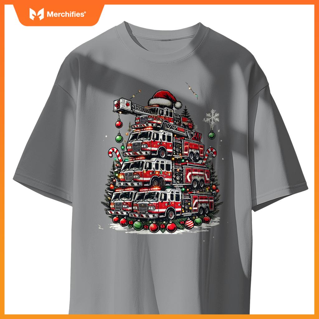 Firefighter Fire Truck Christmas Tree Lights Santa Fireman T-Shirt