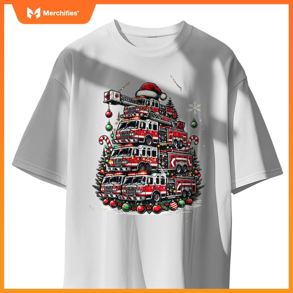 Firefighter Fire Truck Christmas Tree Lights Santa Fireman T-Shirt