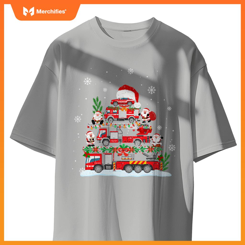 Firefighter Fire Truck Christmas Tree Santa Claus Toddlers T-Shirt
