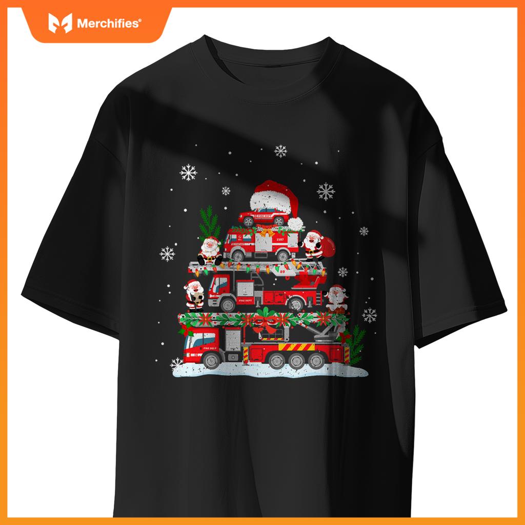 Firefighter Fire Truck Christmas Tree Santa Claus Toddlers T-Shirt